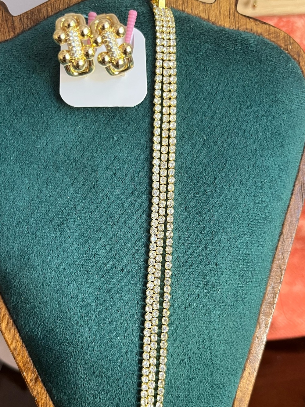 Gold-over (14k) CZ Triple Tennis Bracelet (8”) & Classic CZ Hardware Earrings